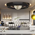Modern Living Room Interior Design With White Sofa Round Chandelier Coffee Table And Green Plant