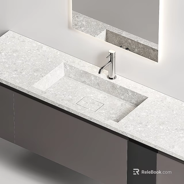 Modern Built in Washbasin with Stone Countertop Chrome Faucet Under Cabinet Design 3d model 