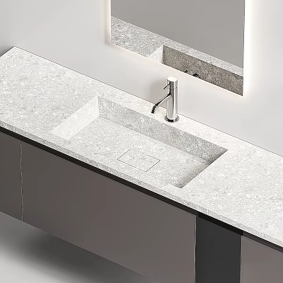 Modern Built in Washbasin with Stone Countertop Chrome Faucet Under Cabinet Design 3d model
