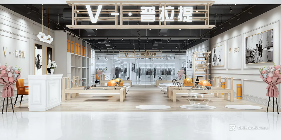 Modern Pilates Studio Interior With Spacious Training Area Wooden Equipment And Bright Lighting 3d model 