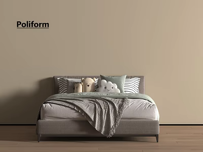 Modern Gray Kids Bed with Stuffed Toys Striped Cushions Beige Wall and Wooden Floor 3d model