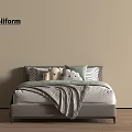 Modern Gray Kids Bed with Stuffed Toys Striped Cushions Beige Wall and Wooden Floor