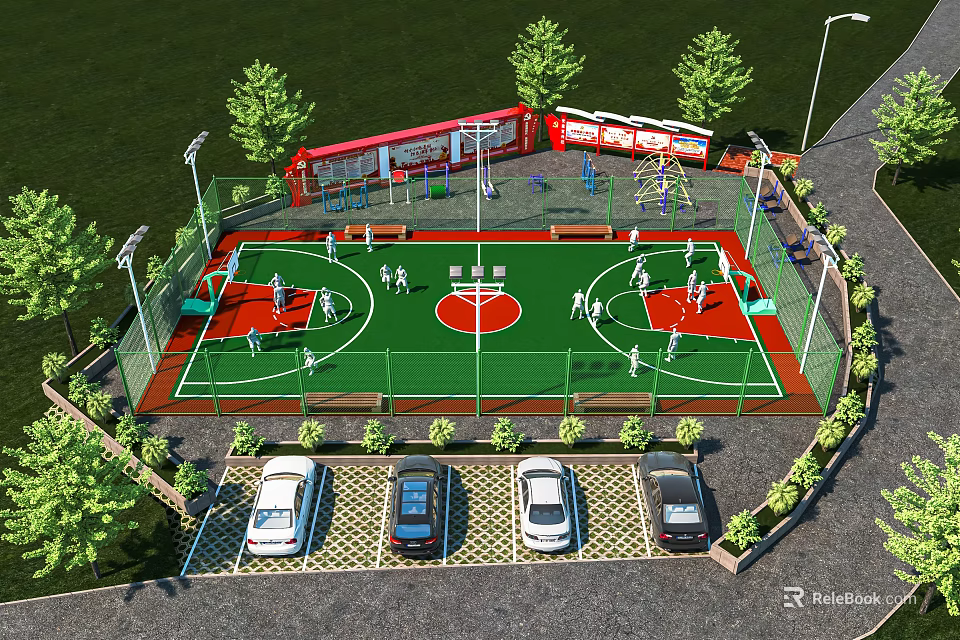 Outdoor Basketball Court With Fenced Area Green Surface Parking Trees And Lighting 3d model 