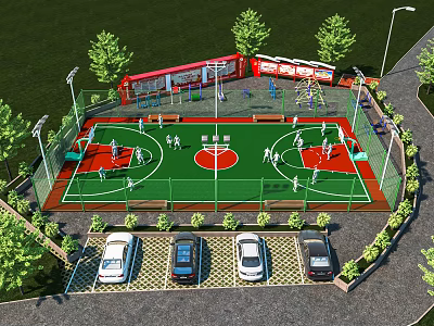 Outdoor Basketball Court With Fenced Area Green Surface Parking Trees And Lighting 3d model