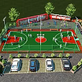 Outdoor Basketball Court With Fenced Area Green Surface Parking Trees And Lighting