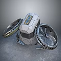 Futuristic Mechanical Device With Stone Textured Surface Dual Large Fans And Yellow Blue Central Panel