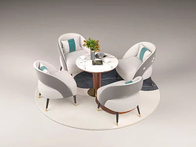 Modern Casual Sofa Set With Four Gray White Chairs Blue Cushions Round Marble Table Circular Rug 3d model