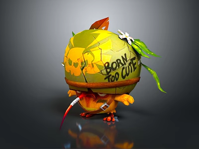 Cartoon Cute Creature Character With Skull Pattern Born Too Cute Text And Leaf Decoration 3d model