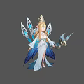 Elven Queen In White Blue Gown With Golden Crown And Dragon Staff With Winged Decoration