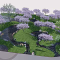 Scenic Park Landscape With Cherry Blossom Trees Lush Green Lawn And Small Stream Stones