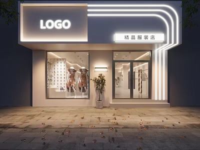 Modern Fashion Clothing Store Exterior With Neon Lights Window Display Mannequins And Potted Plant 3d model