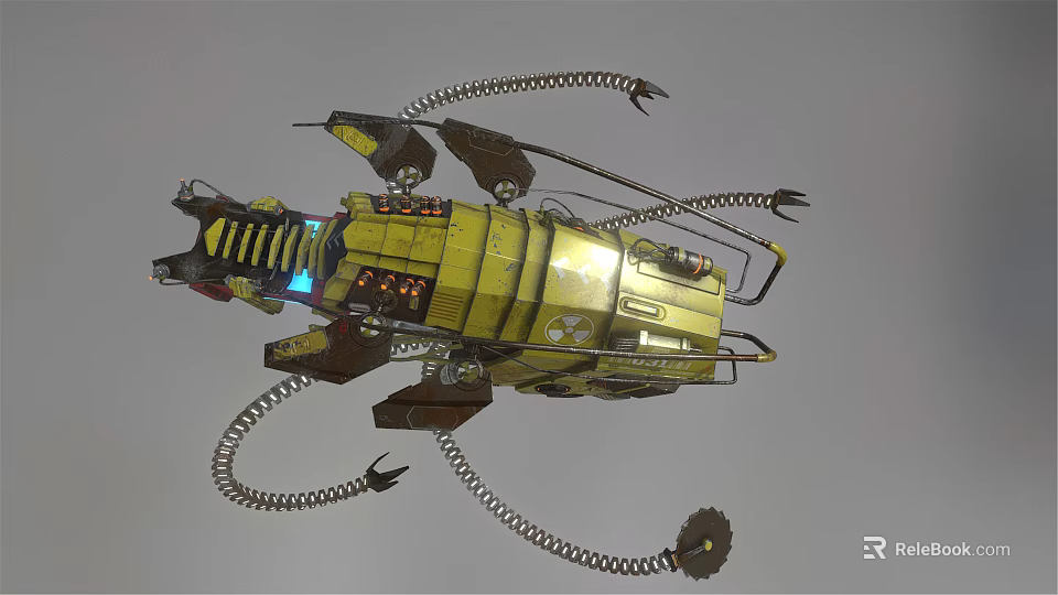Yellow Mechanical Creature With Multiple Tentacles Glowing Blue Accents And Metal Structure 3d model