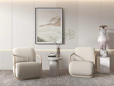 Modern Beige Leisure Sofa Set With Side Table Decorative Painting And Green Plant 3d model