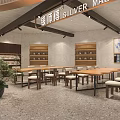 Modern Mall Cafe Interior With Curved Wooden Ceiling Reception Counter Tables Chairs And Bookshelves