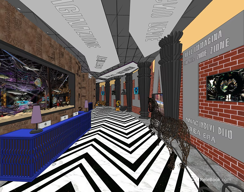 Hotel Lobby Interior With Blue Reception Counter Black White Chevron Floor And Brick Walls 3d model 