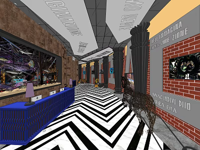 Hotel Lobby Interior With Blue Reception Counter Black White Chevron Floor And Brick Walls 3d model