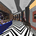 Hotel Lobby Interior With Blue Reception Counter Black White Chevron Floor And Brick Walls