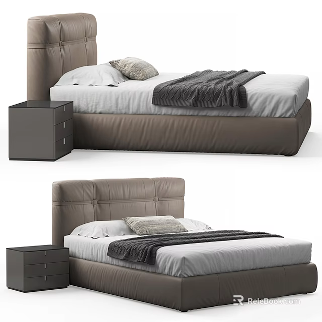 Modern Leather Double Bed With Tufted Headboard White Sheets Gray Blanket And Nightstand 3d model