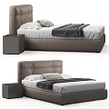 Modern Leather Double Bed With Tufted Headboard White Sheets Gray Blanket And Nightstand 3d model