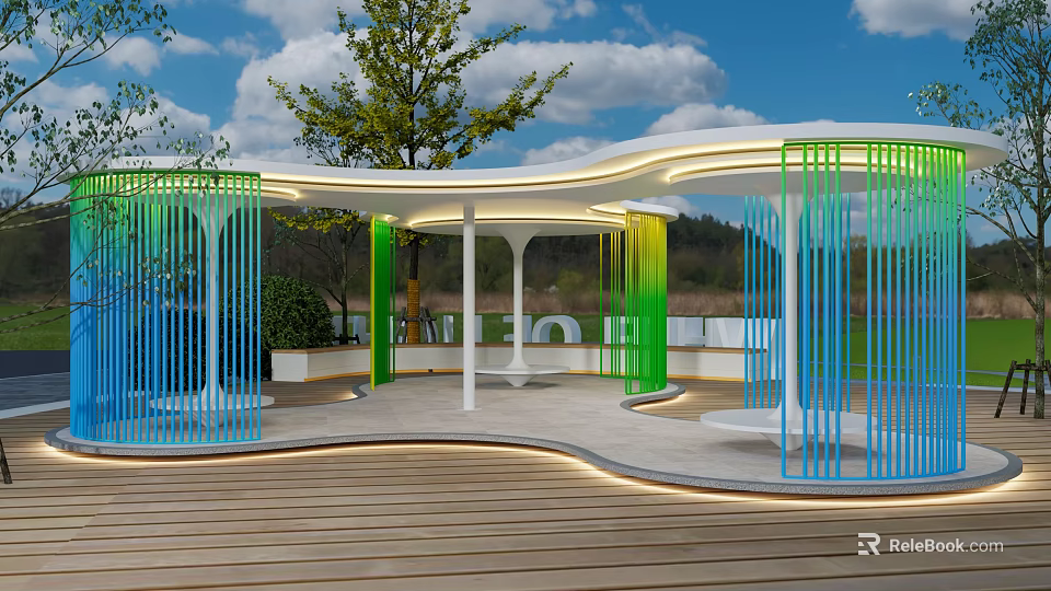 Modern Plaza Landscape With Illuminated Colorful Screens White Structure Wooden Deck And Green Trees 3d model 