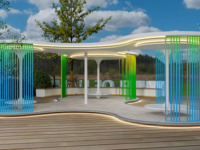 Modern Plaza Landscape With Illuminated Colorful Screens White Structure Wooden Deck And Green Trees 3d model