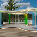 Modern Plaza Landscape With Illuminated Colorful Screens White Structure Wooden Deck And Green Trees