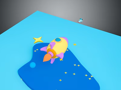 Vibrant Cartoon Space Scene With Yellow Pink Rocket Multiple Stars And Small Astronaut 3d model