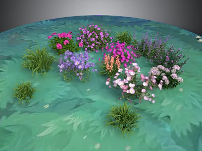 Vibrant Scenic Landscape With Pink Purple White Flowers and Lush Green Grass on Turquoise Ground 3d model