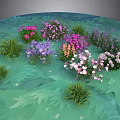Vibrant Scenic Landscape With Pink Purple White Flowers and Lush Green Grass on Turquoise Ground