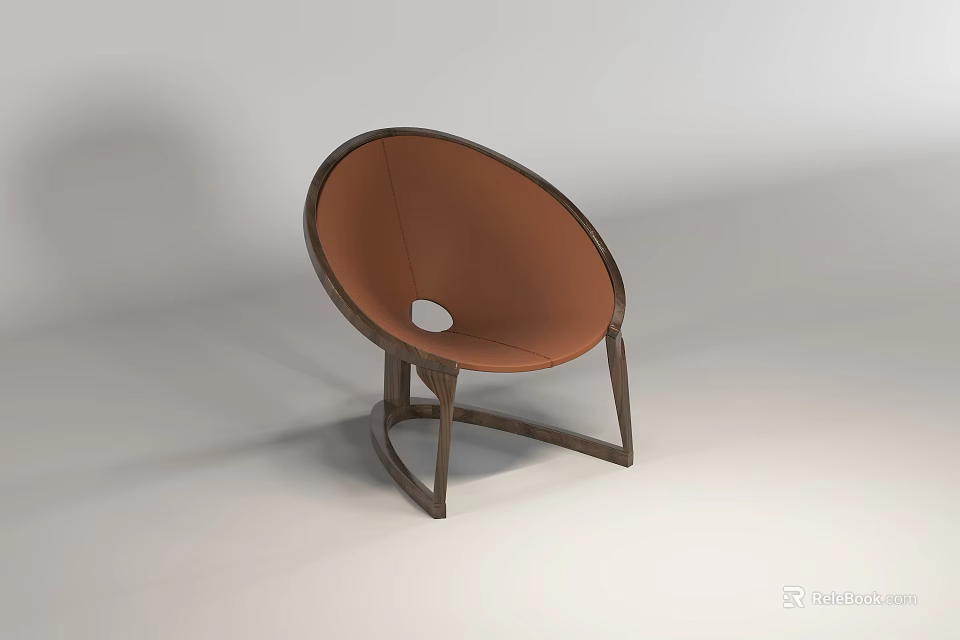 Minimalist Brown Leather Round Accent Chair With Wooden Frame And Hollow Design 3d model 
