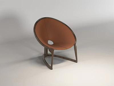Minimalist Brown Leather Round Accent Chair With Wooden Frame And Hollow Design 3d model