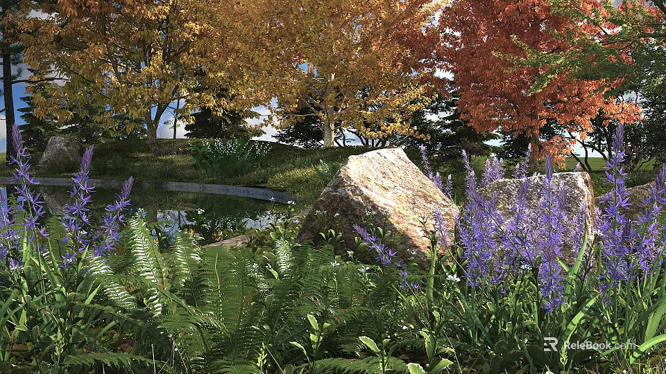 Beautiful Garden With Purple Flowers Ferns Large Rock And Autumn Trees Around Small Pond 3d model 
