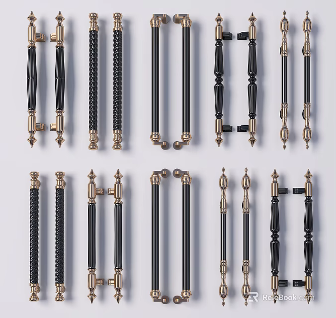 Various Modern Decorative Door Handles With Black And Gold Metal Designs 3d model 