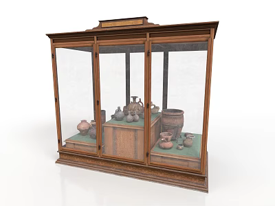 Wooden Display Cabinet With Glass Doors And Various Pottery Items 3d model