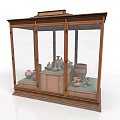 Wooden Display Cabinet With Glass Doors And Various Pottery Items