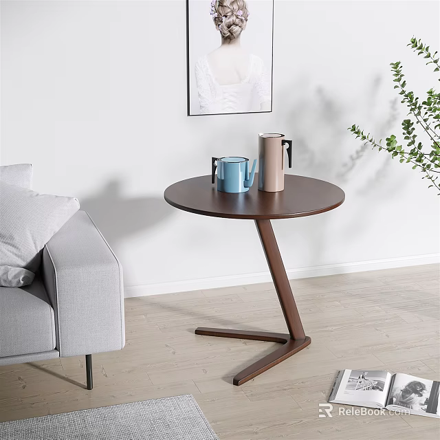 Round Brown Wooden Side Table With Unique Base Design In Living Room With Gray Sofa 3d model 