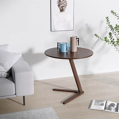 Round Brown Wooden Side Table With Unique Base Design In Living Room With Gray Sofa 3d model