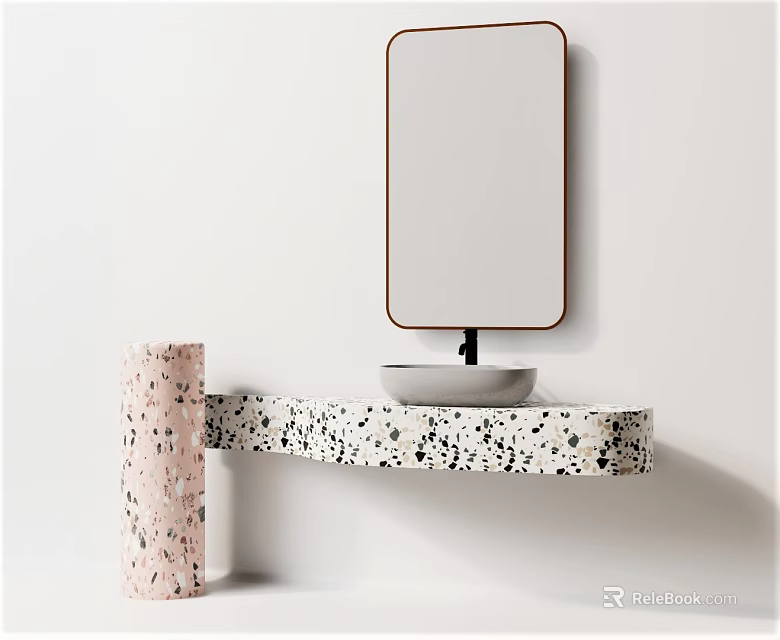 Modern Washbasin With Speckled Countertop Pink Column And Wall Mounted Mirror 3d model 