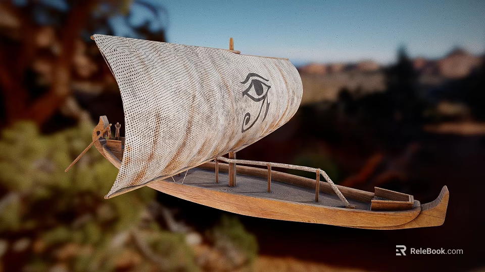 Ancient Egyptian Wooden Boat With Horus Eye Sail In Desert Mountain Scene 3d model 