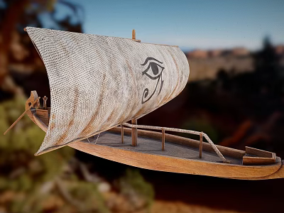 Ancient Egyptian Wooden Boat With Horus Eye Sail In Desert Mountain Scene 3d model