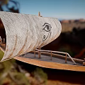 Ancient Egyptian Wooden Boat With Horus Eye Sail In Desert Mountain Scene