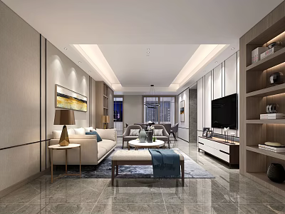 Modern Living Room Interior With Sofa Coffee Table TV Bookshelf Wall Art Rug And Lighting 3d model