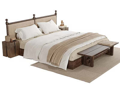 Double Bed With Wooden Headboard Nightstands Footstool White Sheets And Brown Blanket 3d model