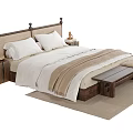 Double Bed With Wooden Headboard Nightstands Footstool White Sheets And Brown Blanket