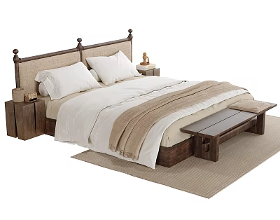 Double Bed With Wooden Headboard Nightstands Footstool White Sheets And Brown Blanket 3d model