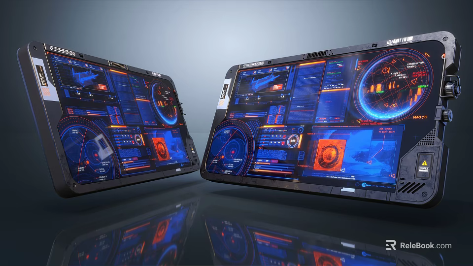 Futuristic Metallic Tablets With Advanced Tech Interfaces Blue Orange Screens Data Charts Circular Dashboards 3d model 
