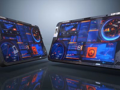 Futuristic Metallic Tablets With Advanced Tech Interfaces Blue Orange Screens Data Charts Circular Dashboards 3d model
