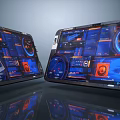 Futuristic Metallic Tablets With Advanced Tech Interfaces Blue Orange Screens Data Charts Circular Dashboards