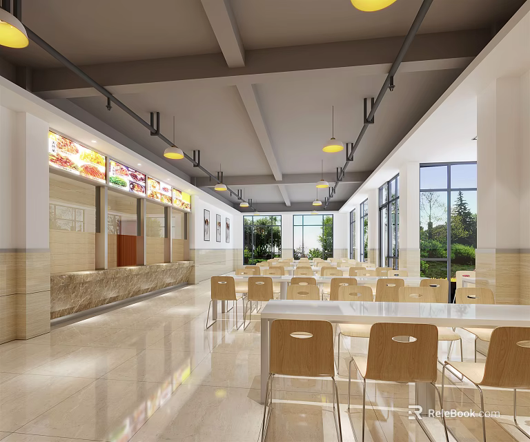 Spacious Modern Restaurant Interior With Long Tables Chairs And Large Windows 3d model