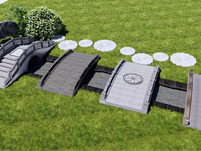Landscape Bridge Design With Stone Structure And Lotus Shaped Stepping Stones In Green Grassy Area 3d model